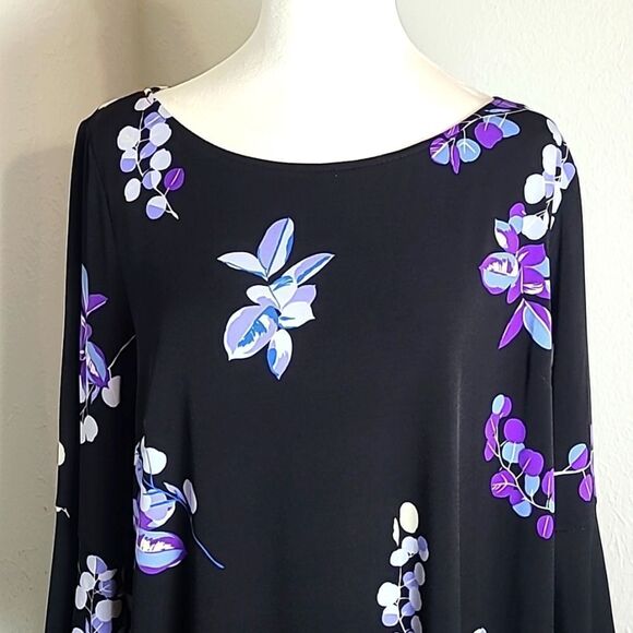 Roz & Ali Black Dress with Blue & Purple Floral, Bell Sleeves, Size 16 - Picture 3 of 8